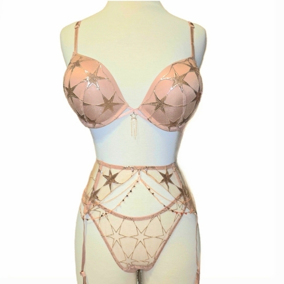 🆕Victoria's Secret Rose Gold Starstruck Bombshell, Garter & Thong - 32D/XS-S/S - Picture 1 of 16